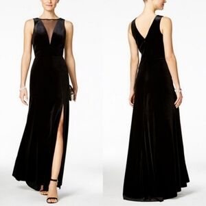 Nightway Women’s 4 Long Maxi Black Velvet Dress Side Slit Mesh Front LBD EUC